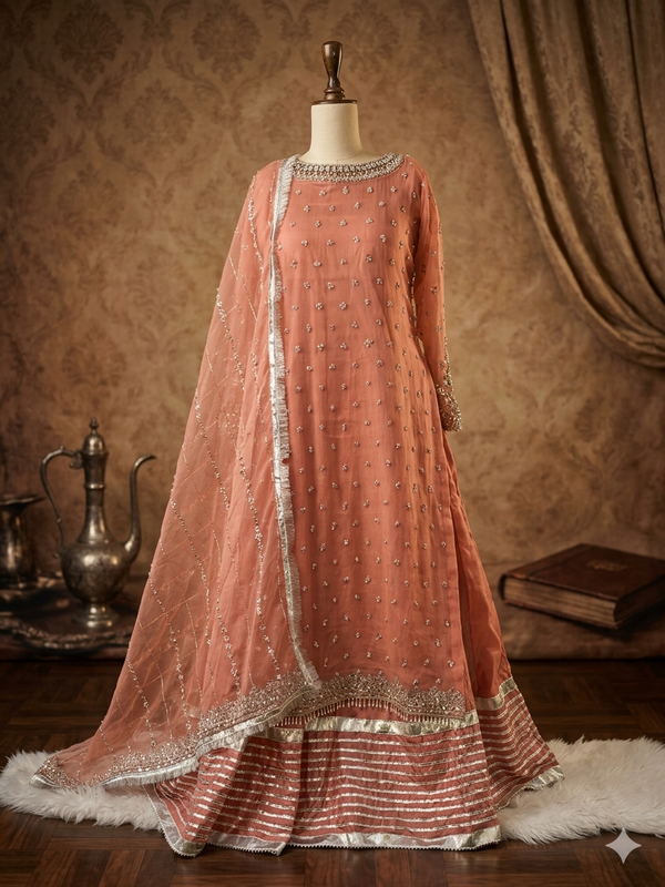 Sunset Peach — 3-Piece Crinkle Chiffon Stitched Suit
