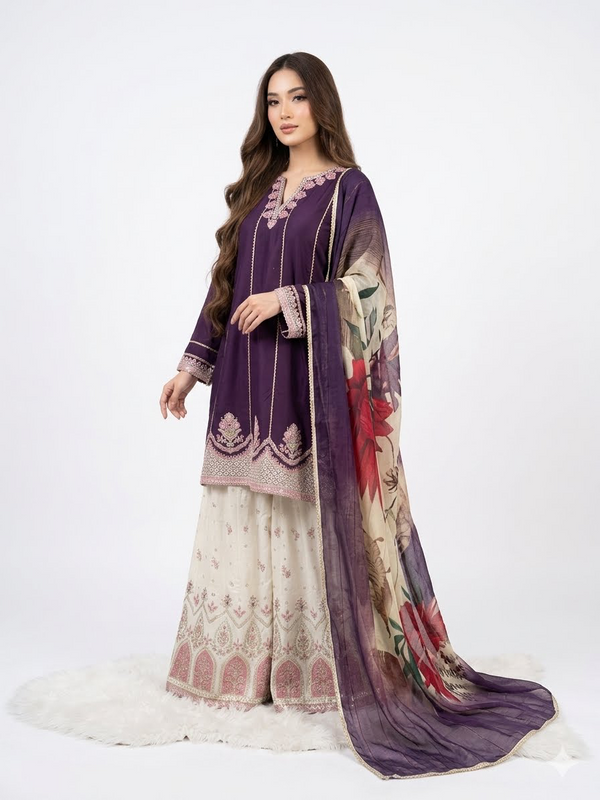Short Shirt With Sharara, 3pcs Stitched Article